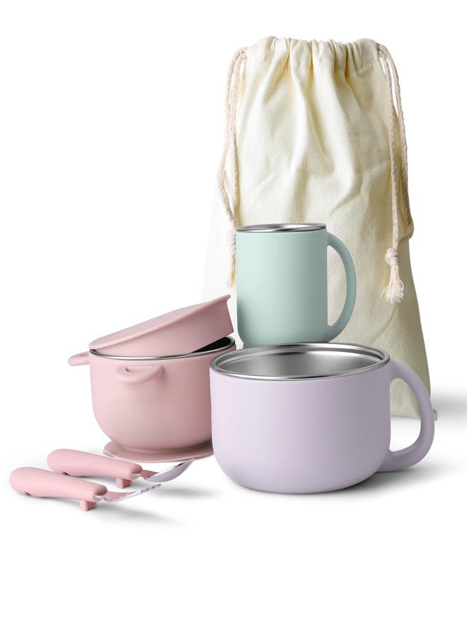 Bakpoco Kids Dinnerware Set - 6 Piese Toddler Plates and Suction Bowls Set with Kids Utensils⋓, 2 IN 1 Stainless Steel & Silicone Baby Self Feeding Supplies, Lilac& Blush&Sage - Image 1